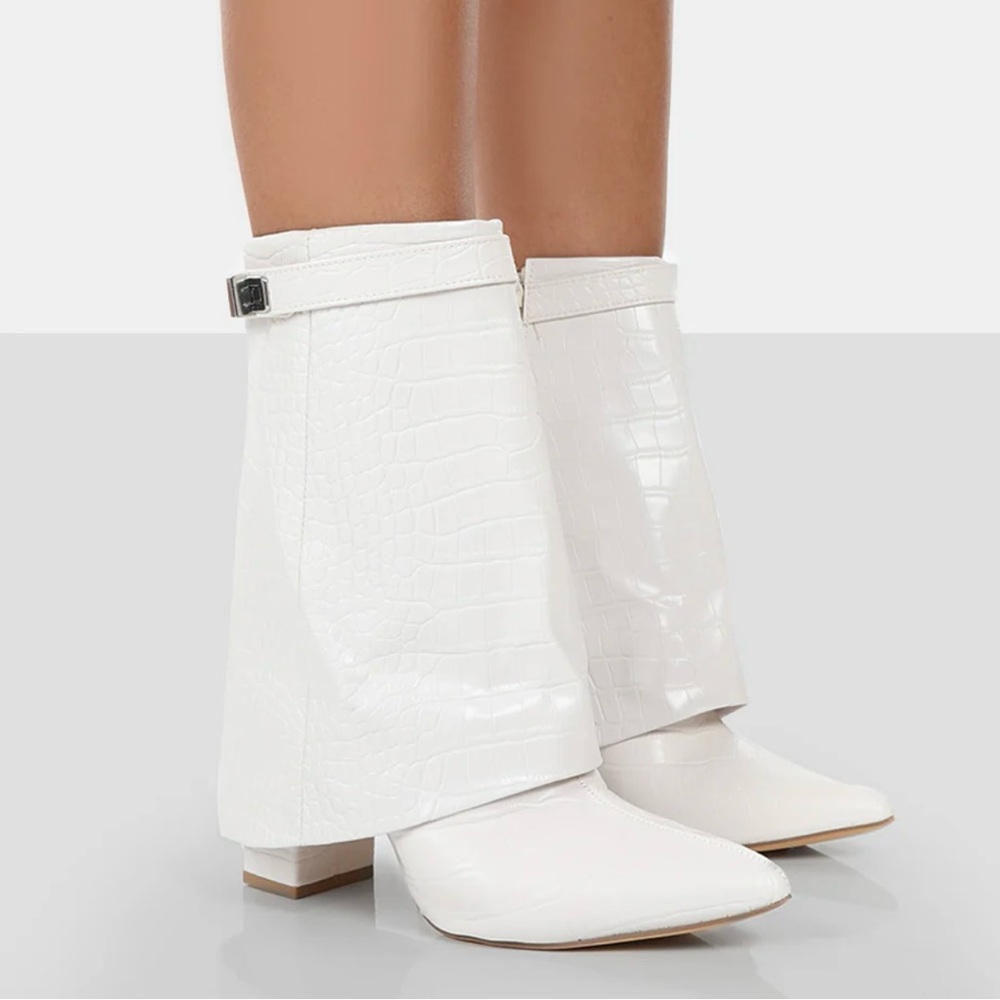 Fyre White Croc Pointed Toe Block Heeled Ankle Boots